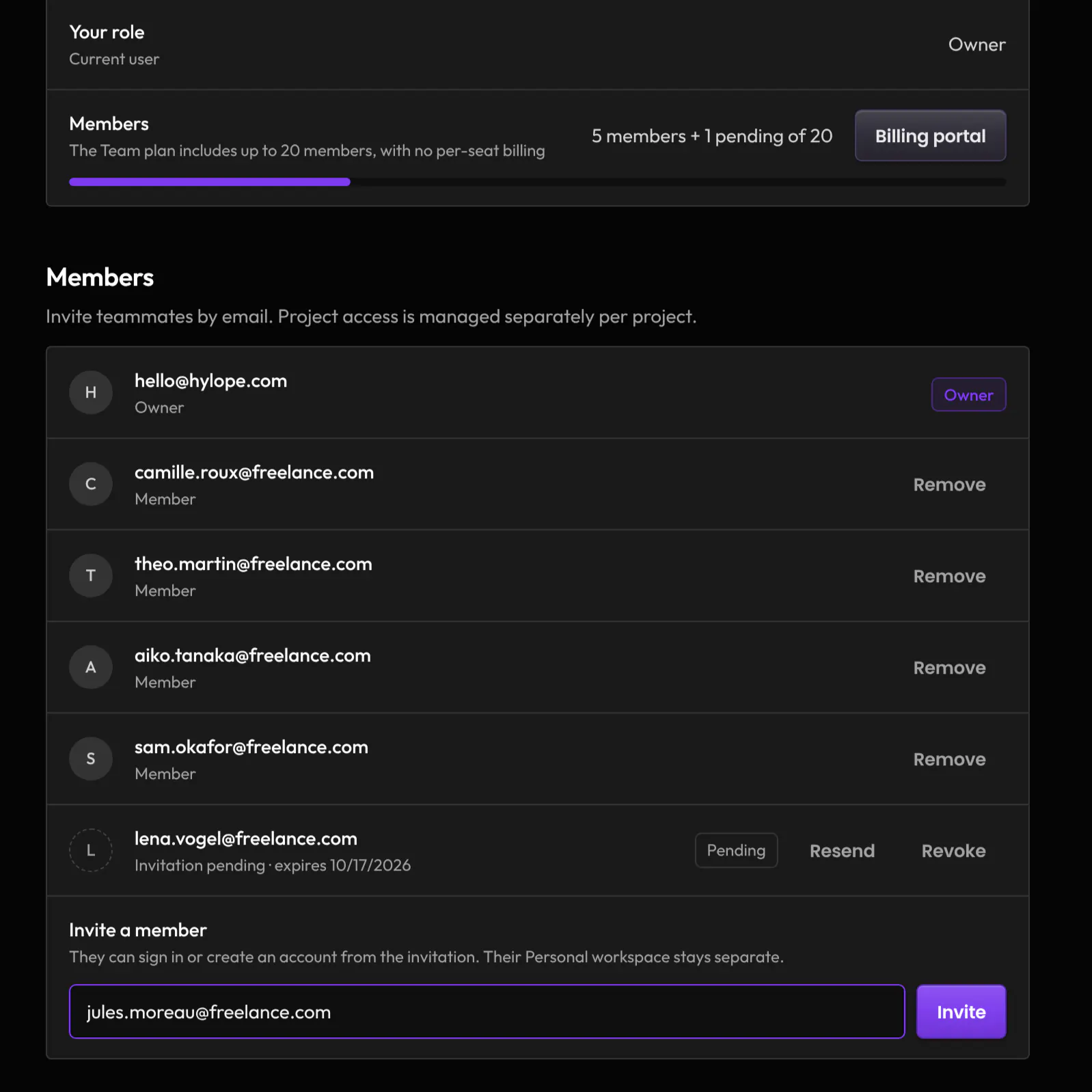 Settings, Team: the owner, four members and a pending invitation, 5 members and 1 pending of 20