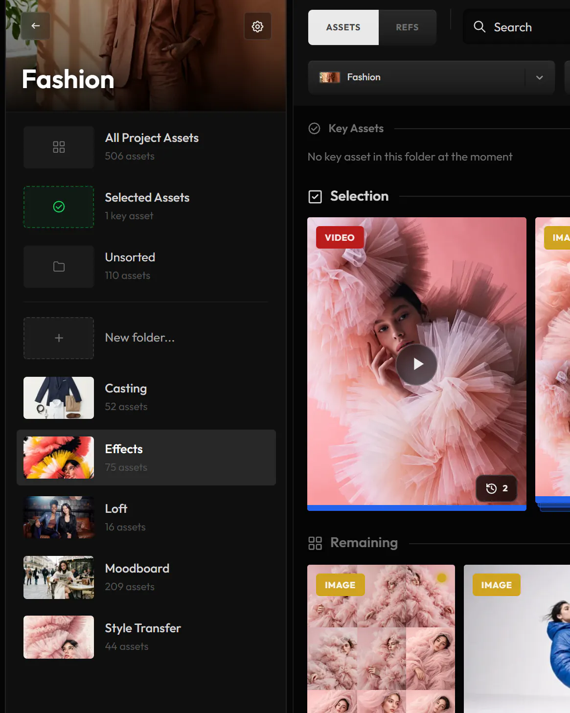 The Fashion project open: its Key Assets, its selection and its folders, from Casting to Style Transfer