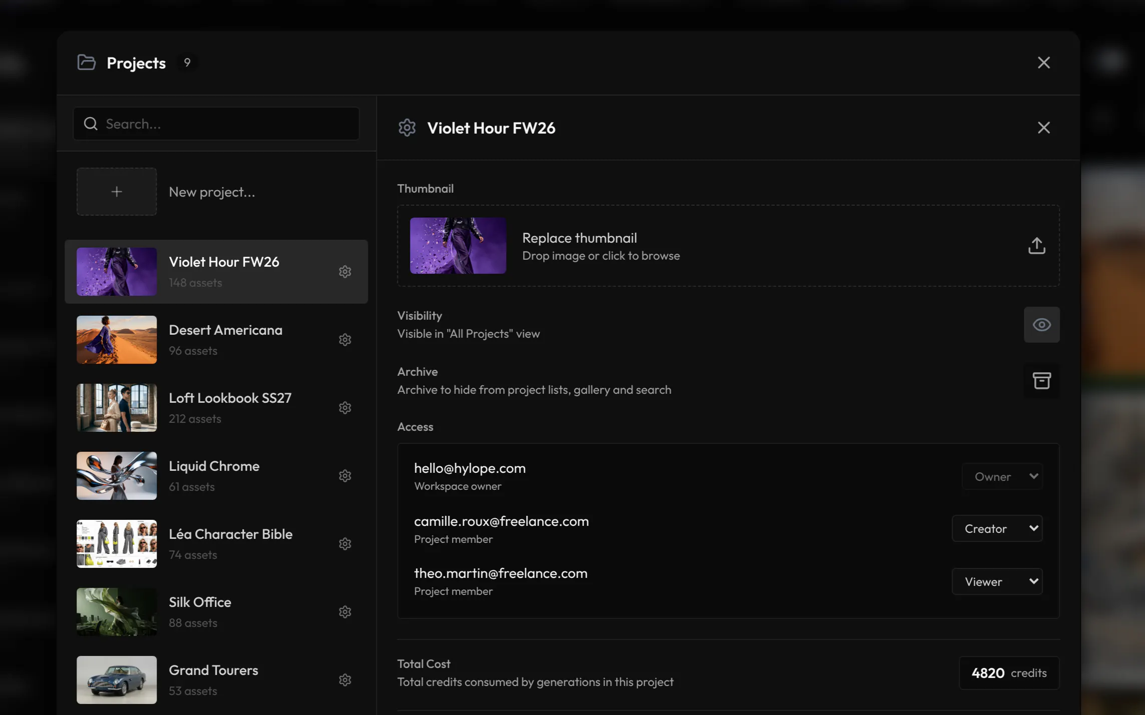 The settings of a project: its thumbnail, visibility, archive, access (the owner, one Creator, one Viewer) and total cost
