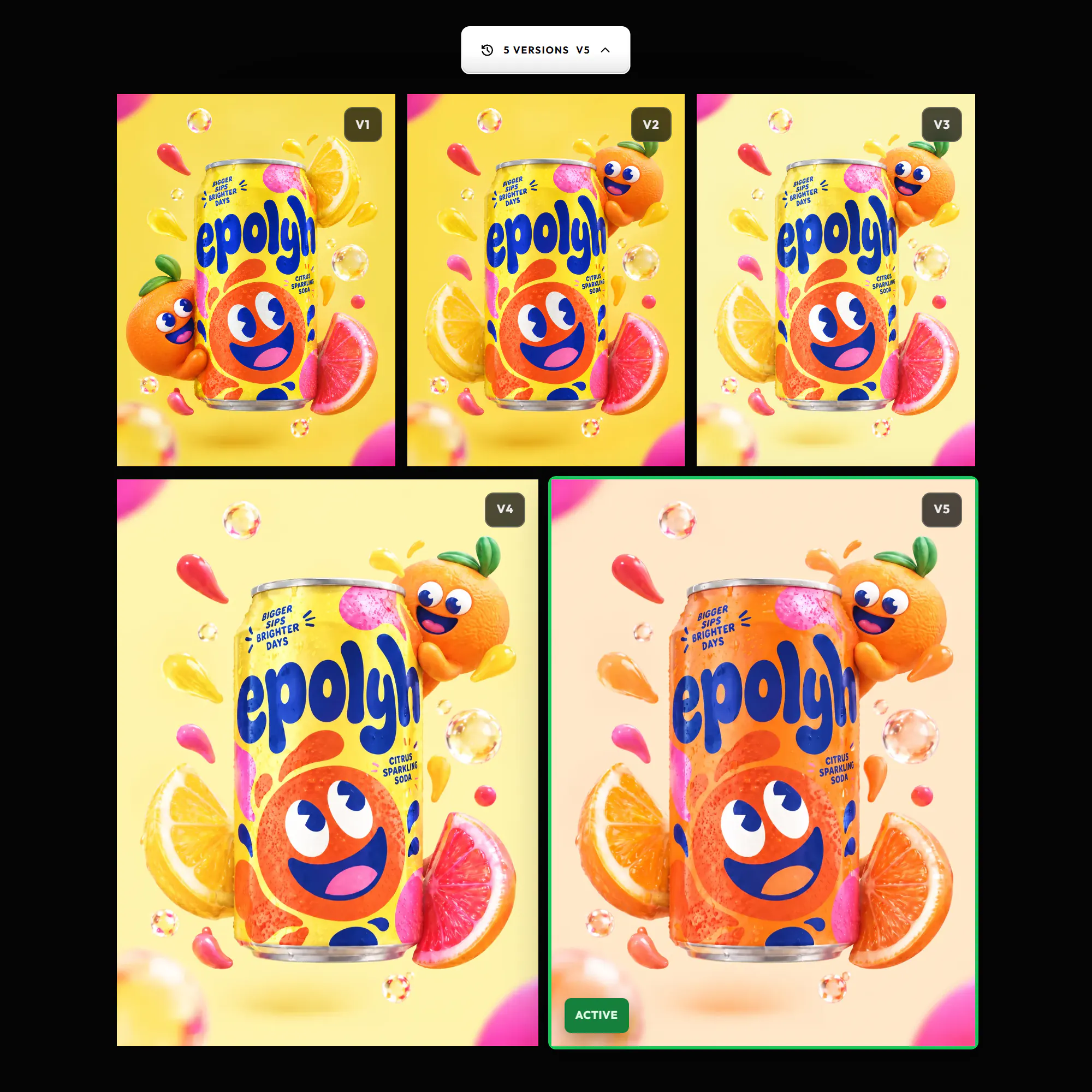 The versions of one soda can image, v1 to v5, the can and its fruit changed at each step, with v5 active