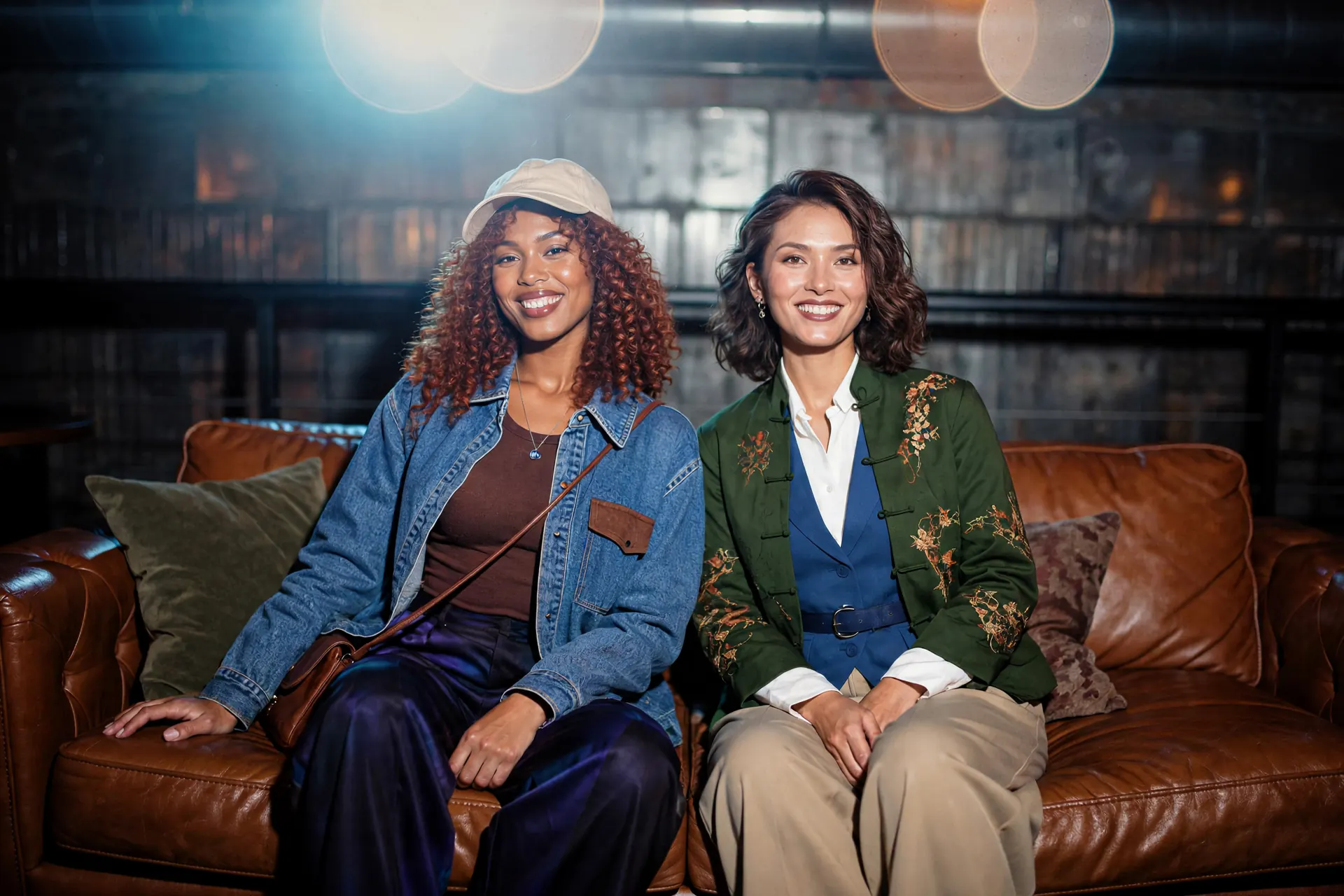 A generated image of two women sitting on a leather sofa