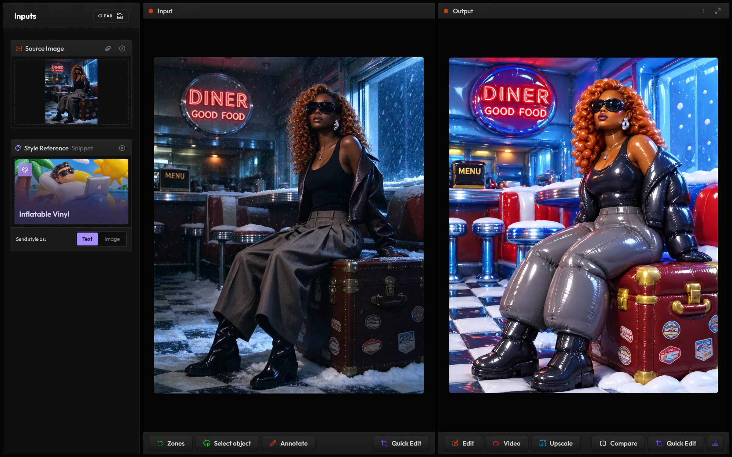 Create filled in again from that image: Image Edit, the same model and Style Transfer snippet, its input and the result