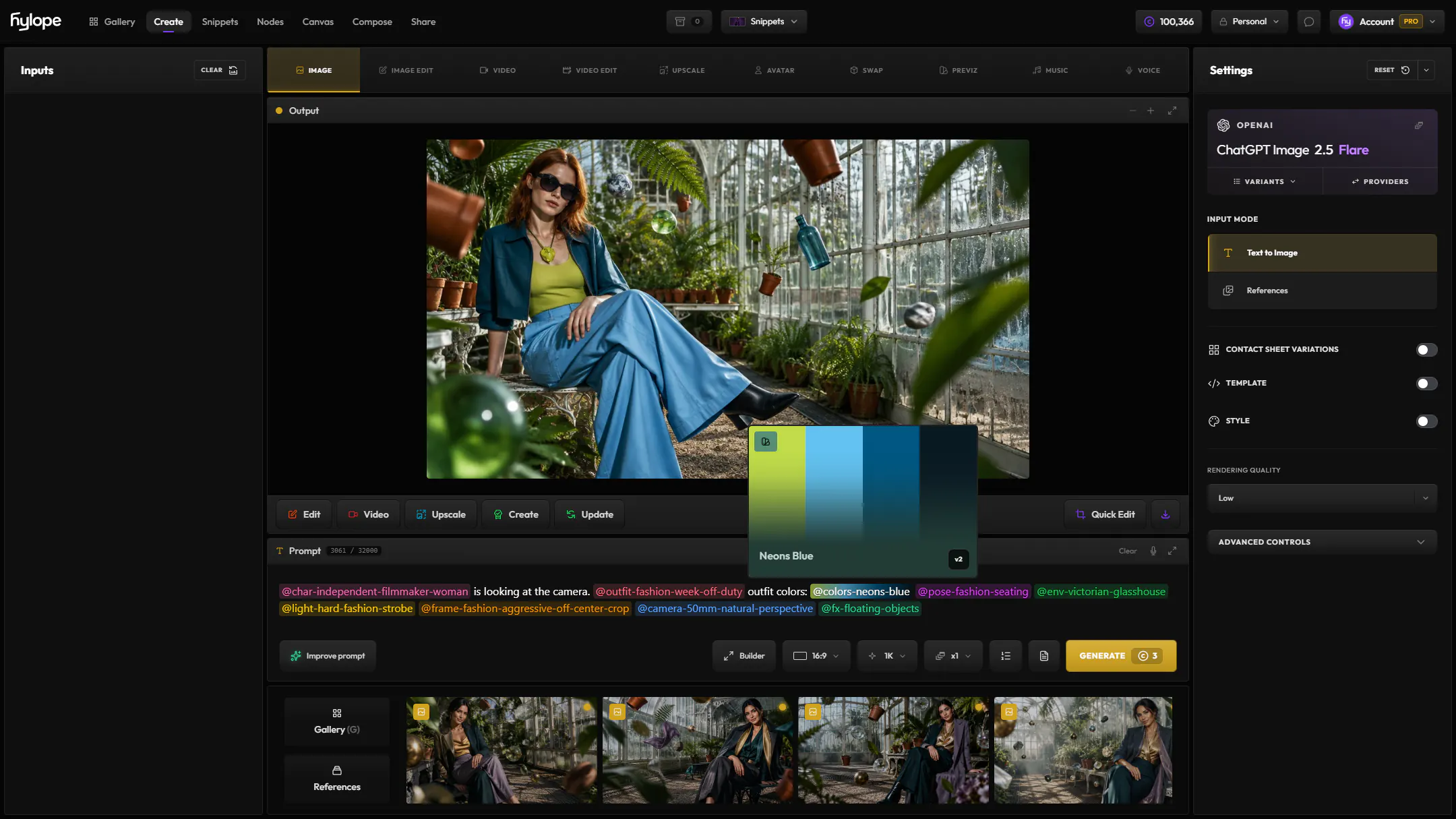 Create in Image mode: a prompt built from snippets and the fashion portrait it made