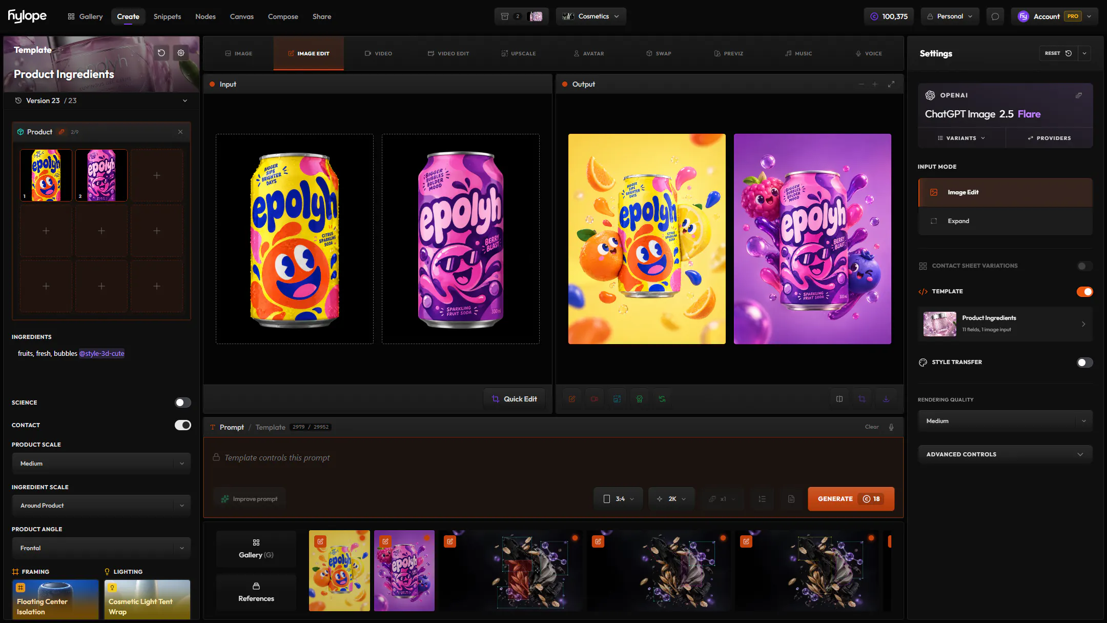 Create in Image Edit mode: a product template with two can designs as inputs, two results and the model settings