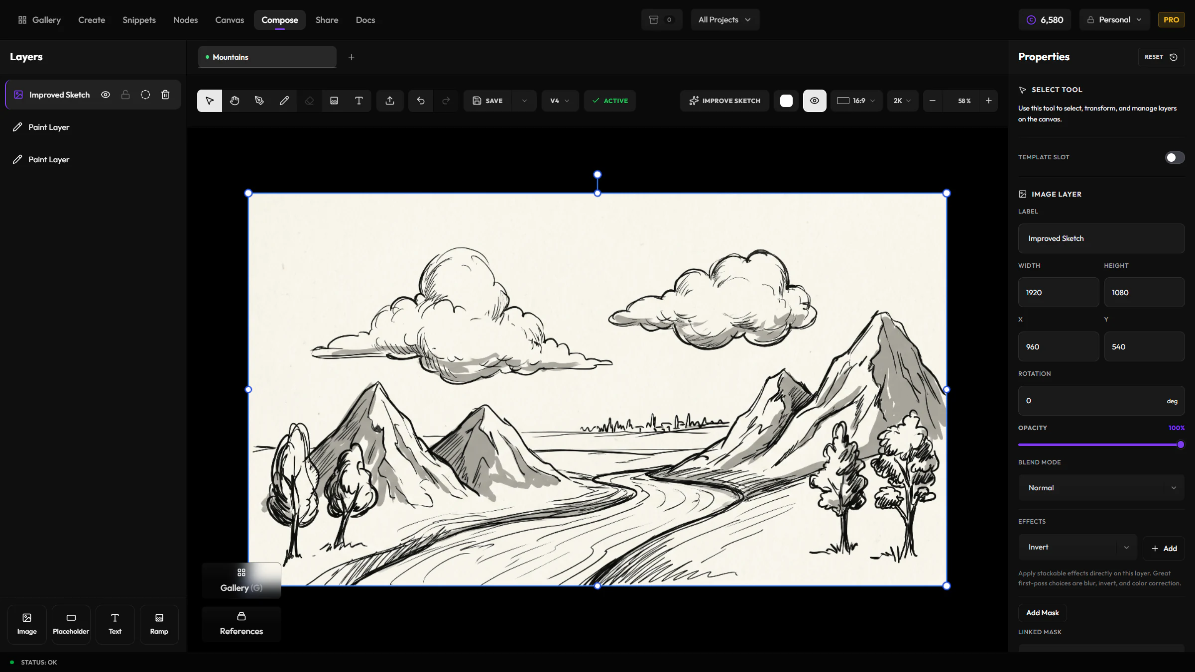 The Compose app: the Layers panel on the left, the tool bar with Save, the version picker, Active and Improve Sketch across the top, a sketched landscape on the canvas, and the Properties panel for the selected image layer on the right