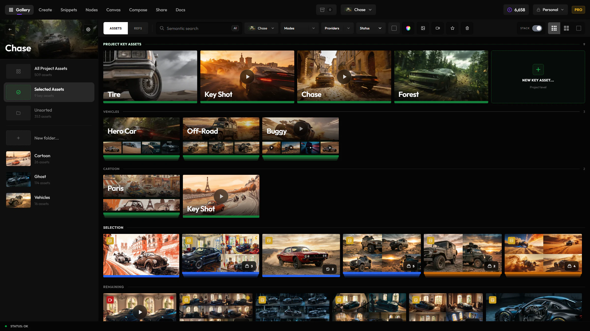 The Gallery app: the project sidebar with its folders on the left, the filter bar across the top, rows of key assets, then the project's assets below