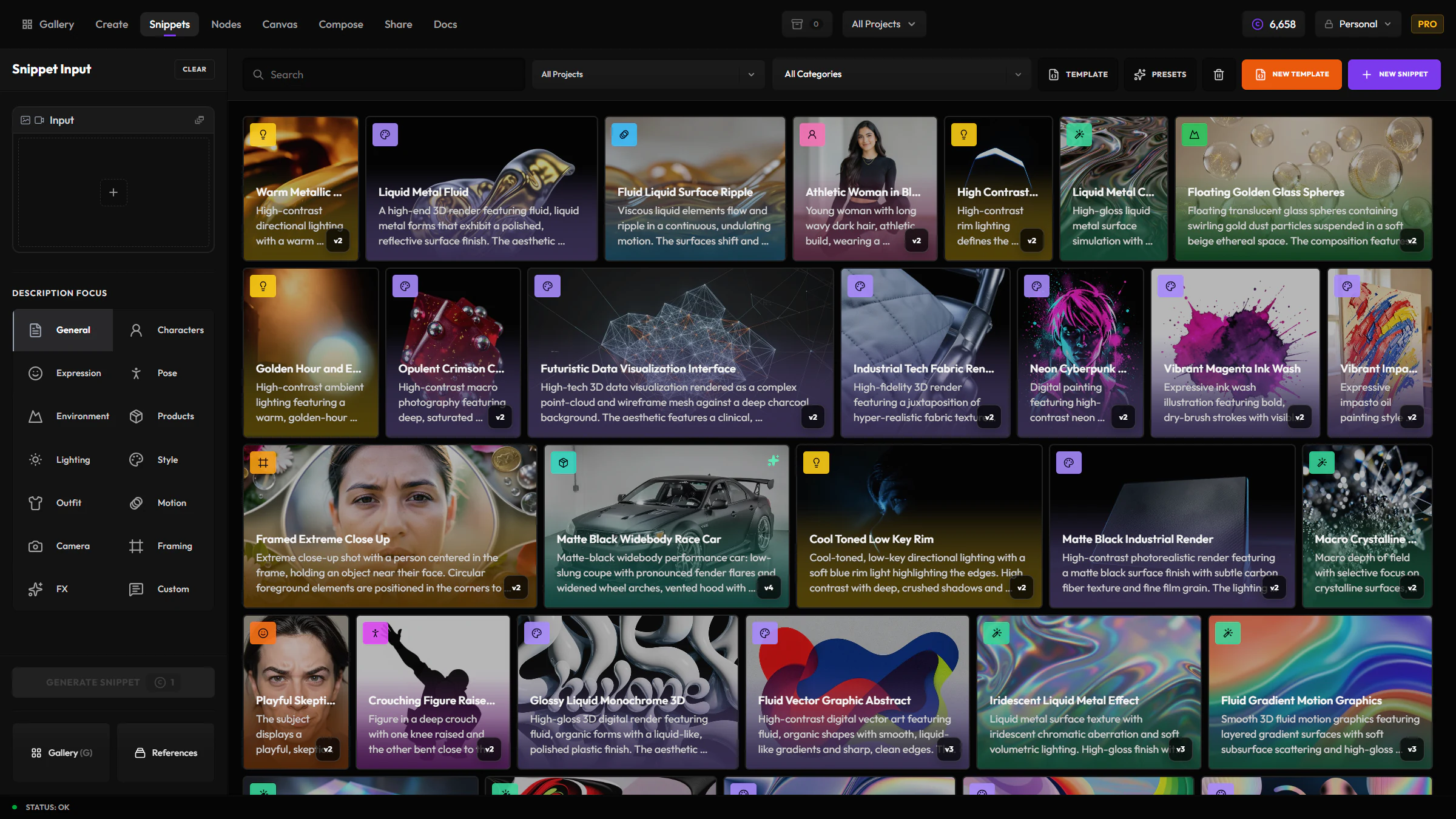 The Snippets app: the Snippet Input panel with its extraction categories on the left, and a grid of snippet cards with posters, titles, descriptions and version badges
